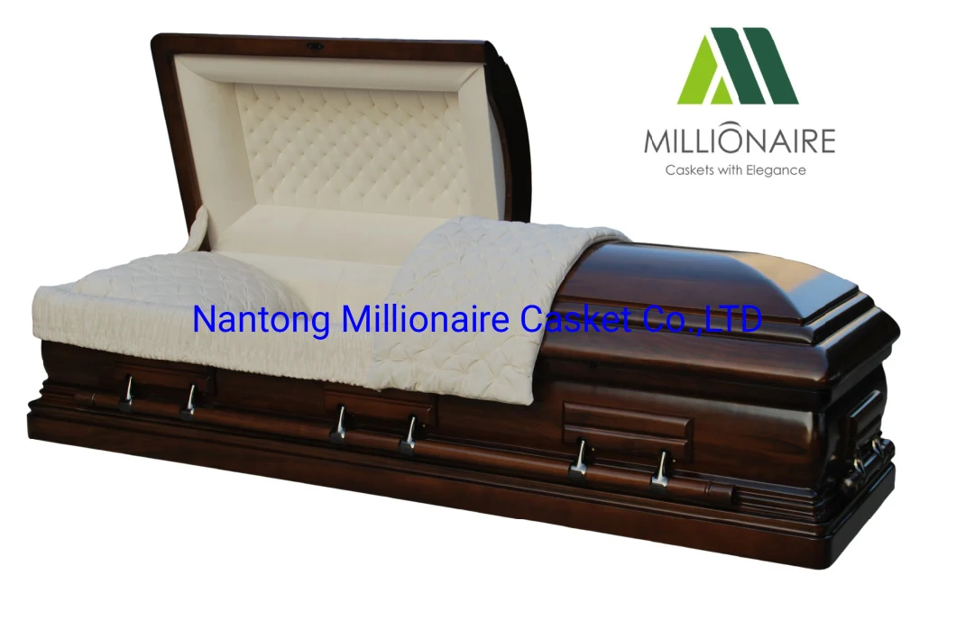 High End Mahogany Wood Casket with Carvings on Top
